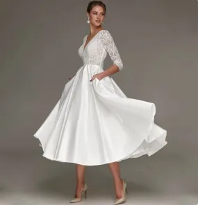 Langarm Vintage Style Standesamtkleid Brooke Wadenlang mit Spitze