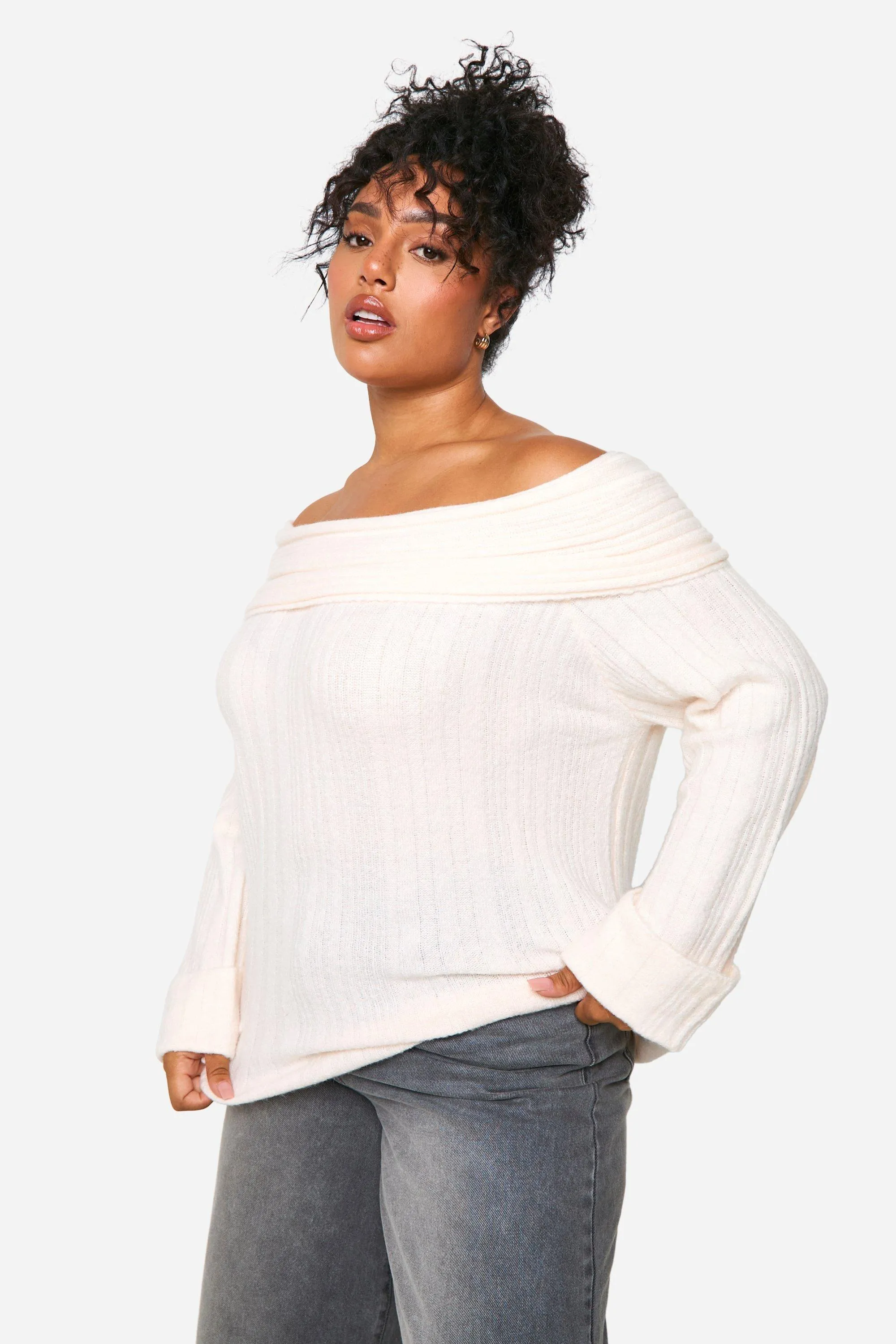 Plus gerippter Bardot-Pullover