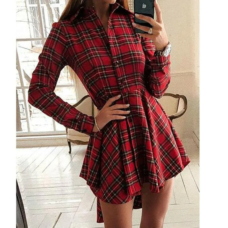 Rot kariertes Kleid Asymmetrisches Hemdkleid