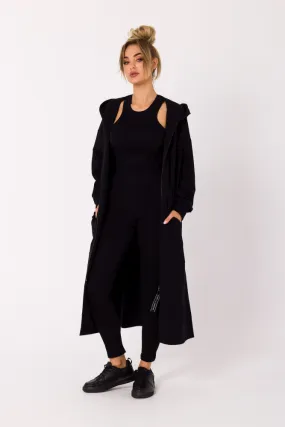 Schwarze lange Sweatjacke mit Reissverschluss und Kapuze